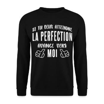 Wenn du Perfektion erreichen willst, komm zu mir. - Unisex Pullover - Schwarz - Vorne - Alina (178cm) & Michal (187cm)