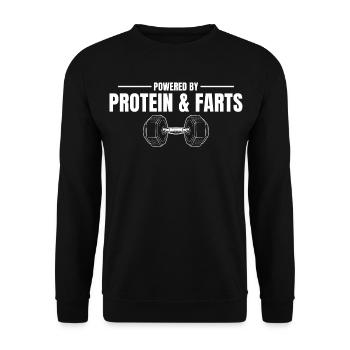 Workout Powered by Protein and Farts - Unisex Pullover - Schwarz - Vorne - Alina (178cm) & Michal (187cm)