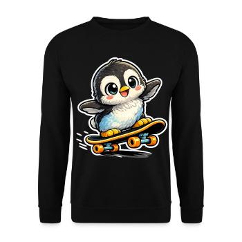 Kawaii Pinguin auf Skateboard - Unisex Pullover - Schwarz - Vorne - Alina (178cm) & Michal (187cm)