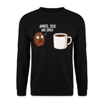 Kaffetrinker Jungs seid ihr das Kaffeebohne - Unisex Pullover - Schwarz - Vorne - Alina (178cm) & Michal (187cm)