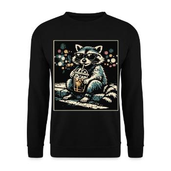 Lustiger Waschbär trinkt Eiskaffee - Unisex Pullover - Schwarz - Vorne - Alina (178cm) & Michal (187cm)
