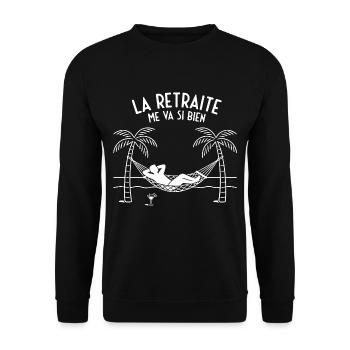 La Retraite me va si bien (texte blanc) - Sweat-shirt Unisexe - noir - Devant - Alina (178cm) & Michal (187cm)