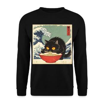 Japan Cat Ramen Noodles Retro Wave Pattern - Unisex Sweatshirt - black - Front - Alina (178cm) & Michal (187cm)