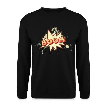 Boom! – Retro Comic Cartoon im Halftone Stil - Unisex Pullover - Schwarz - Vorne - Alina (178cm) & Michal (187cm)