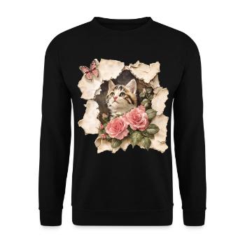 Katze mit Schmetterling - Unisex Pullover - Schwarz - Vorne - Alina (178cm) & Michal (187cm)