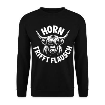 Highlands Horn trifft Flausch - Unisex Pullover - Schwarz - Vorne - Alina (178cm) & Michal (187cm)