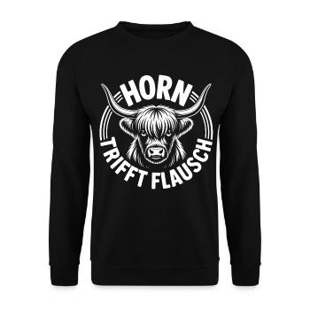 Highlands Horn trifft Flausch - Unisex Pullover - Schwarz - Vorne - Alina (178cm) & Michal (187cm)