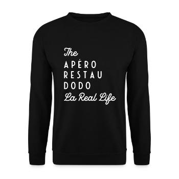 Real Life (white text) - Unisex Sweatshirt - black - Front - Alina (178cm) & Michal (187cm)
