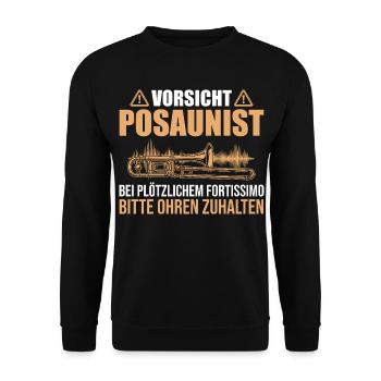 Vorsicht Posaunist Ohren zuhalten - Posaune - Unisex Pullover - Schwarz - Vorne - Alina (178cm) & Michal (187cm)