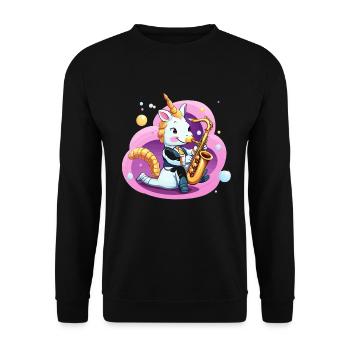 Einhorn Saxophon im Pink Wirbel - Unisex Pullover - Schwarz - Vorne - Alina (178cm) & Michal (187cm)