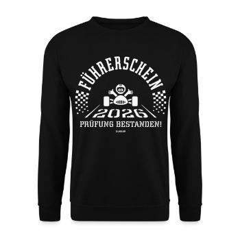 Führerschein 2026 – Fahrprüfung Bestanden! (White) - Unisex Pullover - Schwarz - Vorne - Alina (178cm) & Michal (187cm)