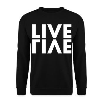 LIVE EVIL Wortspiel Minimalistisches Humor Design - Unisex Pullover - Schwarz - Vorne - Alina (178cm) & Michal (187cm)