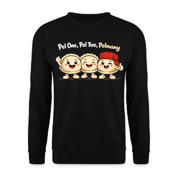 Pel One, Pel Two, Pelmany – Pelmeni Freunde - Unisex Pullover - Schwarz - Vorne - Alina (178cm) & Michal (187cm)