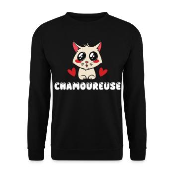 Chamoureuse Chat Amoureux Kawaii Mignon Jeu de Mot - Sweat-shirt Unisexe - noir - Devant - Alina (178cm) & Michal (187cm)