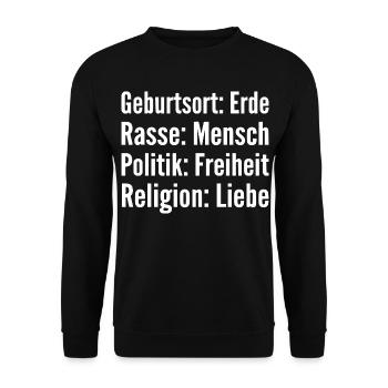 Geburtsort Erde Rasse Mensch Politik Freiheit - Unisex Pullover - Schwarz - Vorne - Alina (178cm) & Michal (187cm)