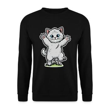 Graues Kätzchen: Glückliche Pfoten in der Luft Spaßporträt - Unisex Pullover - Schwarz - Vorne - Alina (178cm) & Michal (187cm)