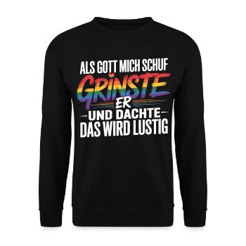Als Gott mich schuf grinste er – Pride Humor - Unisex Pullover - Schwarz - Vorne - Alina (178cm) & Michal (187cm)