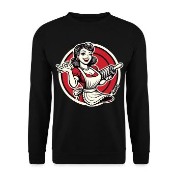 Retro-Diner-Kellnerin mit Nudelholz - Unisex Pullover - Schwarz - Vorne - Alina (178cm) & Michal (187cm)