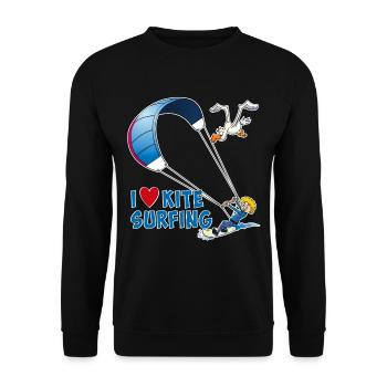 Ich liebe Kitesurfen – lustige, cartoonartige Zeichnungen - Unisex Pullover - Schwarz - Vorne - Alina (178cm) & Michal (187cm)
