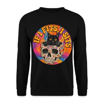 Katze im Totenkopf Oldschool Tattoo Design - Unisex Pullover - Schwarz - Vorne - Alina (178cm) & Michal (187cm)