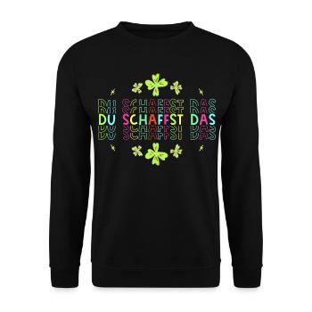 Du schaffst das! Glücksbringer Glücksklee neon - Unisex Pullover - Schwarz - Vorne - Alina (178cm) & Michal (187cm)