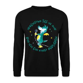 Tabaluga Mit Mikrofon Und Spruch Kindheit - Unisex Pullover - Schwarz - Vorne - Alina (178cm) & Michal (187cm)