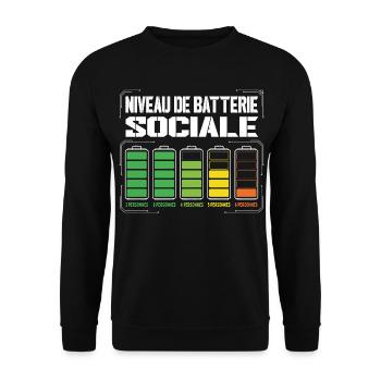 Niveau De Batterie Sociale Humour Introverti - Sweat-shirt Unisexe - noir - Devant - Alina (178cm) & Michal (187cm)