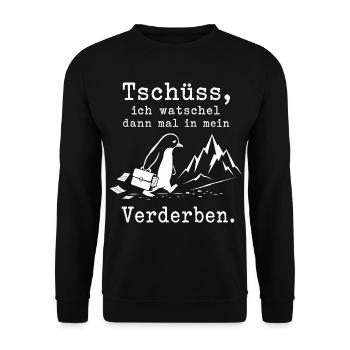Pinguin flüchtet in die kalten Berge - Unisex Pullover - Schwarz - Vorne - Alina (178cm) & Michal (187cm)