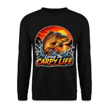 Das karpige Leben leben Gemeiner Karpfen - Unisex Pullover - Schwarz - Vorne - Alina (178cm) & Michal (187cm)