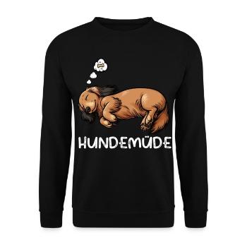 Hundemüde Langhaardackel Dackel Dackelhalter  - Unisex Pullover - Schwarz - Vorne - Alina (178cm) & Michal (187cm)