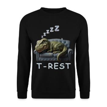 T-Rest Dino auf Sofa - Unisex Pullover - Schwarz - Vorne - Alina (178cm) & Michal (187cm)