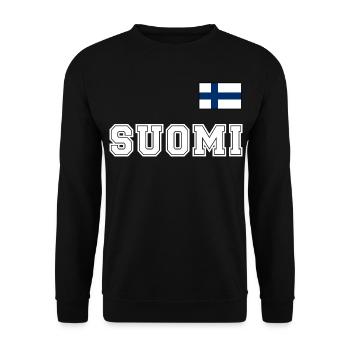 FINNLAND - SUOMI Trikot Look - Flagge auf Brust - Unisex Pullover - Schwarz - Vorne - Alina (178cm) & Michal (187cm)