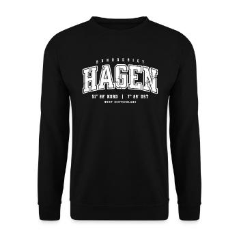 Hagen Koordinaten Design–Ruhrgebiet College Stil - Unisex Pullover - Schwarz - Vorne - Alina (178cm) & Michal (187cm)