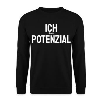 Potenzial – Minimalistisches trauriges Meme Design - Unisex Pullover - Schwarz - Vorne - Alina (178cm) & Michal (187cm)