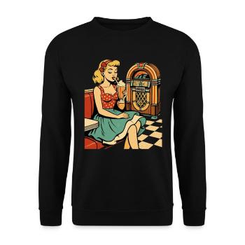Retro 50s Diner Pin-Up Girl Milchshake Poster - Unisex Pullover - Schwarz - Vorne - Alina (178cm) & Michal (187cm)