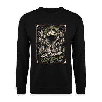 Funny Warehouse Shift Survivor Aisle Expert Retro - Unisex Sweatshirt - black - Front - Alina (178cm) & Michal (187cm)