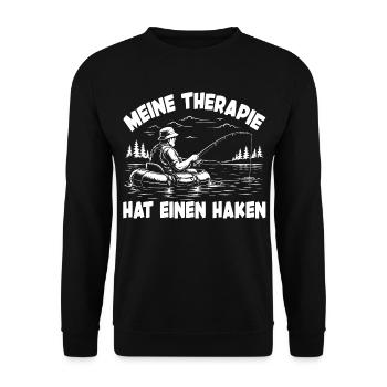 Angler Spruch - Angeln ist meine Therapie - Unisex Pullover - Schwarz - Vorne - Alina (178cm) & Michal (187cm)
