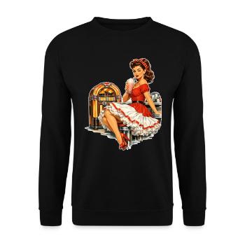 Rockabilly Pin-Up Girl im 50s Retro Diner - Unisex Pullover - Schwarz - Vorne - Alina (178cm) & Michal (187cm)