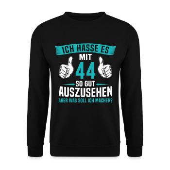 44 Jahre 44. Geburtstag Mann Frau 44 Jahre - Unisex Pullover - Schwarz - Vorne - Alina (178cm) & Michal (187cm)