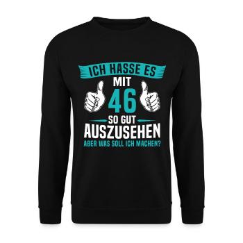 46 Jahre 46. Geburtstag Mann Frau 46 Jahre - Unisex Pullover - Schwarz - Vorne - Alina (178cm) & Michal (187cm)