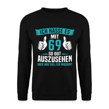 69 Jahre 69. Geburtstag Mann Frau 69 Jahre - Unisex Pullover - Schwarz - Vorne - Alina (178cm) & Michal (187cm)