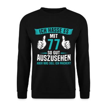 77 Jahre 77. Geburtstag Mann Frau 77 Jahre - Unisex Pullover - Schwarz - Vorne - Alina (178cm) & Michal (187cm)