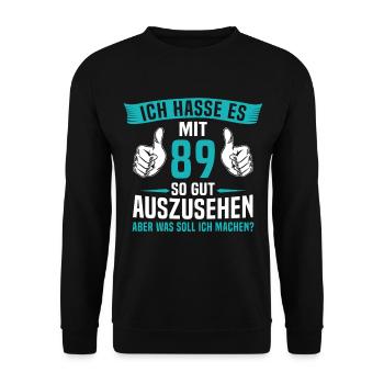 89 Jahre 89. Geburtstag Mann Frau 89 Jahre - Unisex Pullover - Schwarz - Vorne - Alina (178cm) & Michal (187cm)