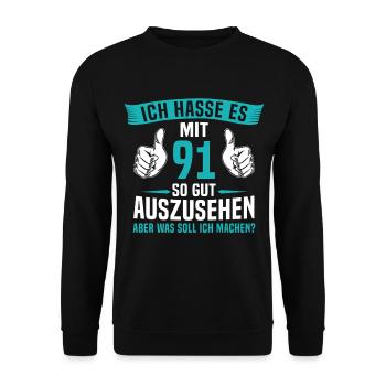 91 Jahre 91. Geburtstag Mann Frau 91 Jahre - Unisex Pullover - Schwarz - Vorne - Alina (178cm) & Michal (187cm)