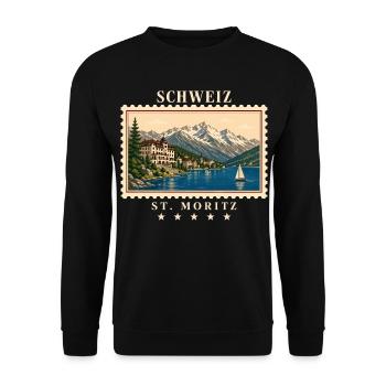 Schweiz St. Moritz Vintage Reisemarke - Unisex Pullover - Schwarz - Vorne - Alina (178cm) & Michal (187cm)