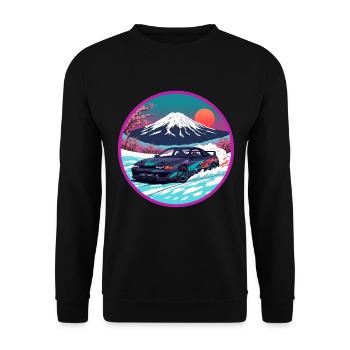 Retro 90er JDM Mt Fuji Skyline R32 Synthwave-Kunst - Unisex Pullover - Schwarz - Vorne - Alina (178cm) & Michal (187cm)
