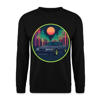 Retro 90er JDM R32 Forest Neon Moon Emblem - Unisex Pullover - Schwarz - Vorne - Alina (178cm) & Michal (187cm)