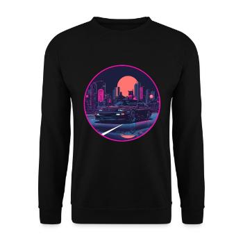 Retro 80er JDM Schrägheck Neon Tokyo Emblem - Unisex Pullover - Schwarz - Vorne - Alina (178cm) & Michal (187cm)