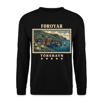 Färöer Tórshavn Vintage Reisemarke - Unisex Pullover - Schwarz - Vorne - Alina (178cm) & Michal (187cm)