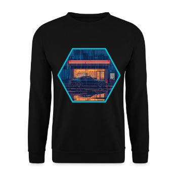 Retro 80er JDM Hatchback Neon Konbini Hex Emblem - Unisex Pullover - Schwarz - Vorne - Alina (178cm) & Michal (187cm)